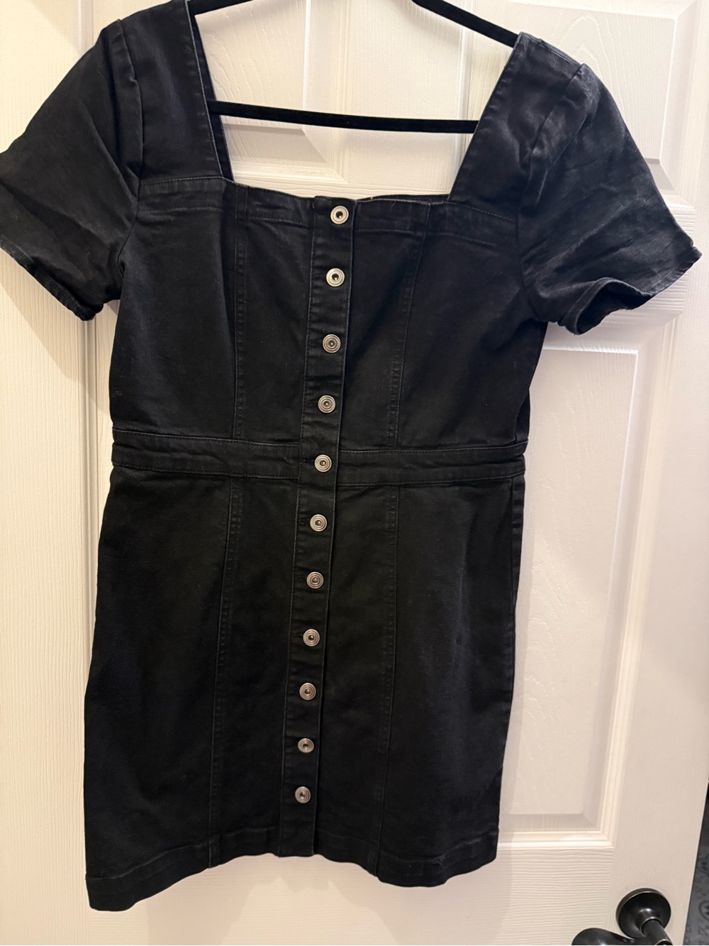 Square-Neck Button-Front Black Mini Dress